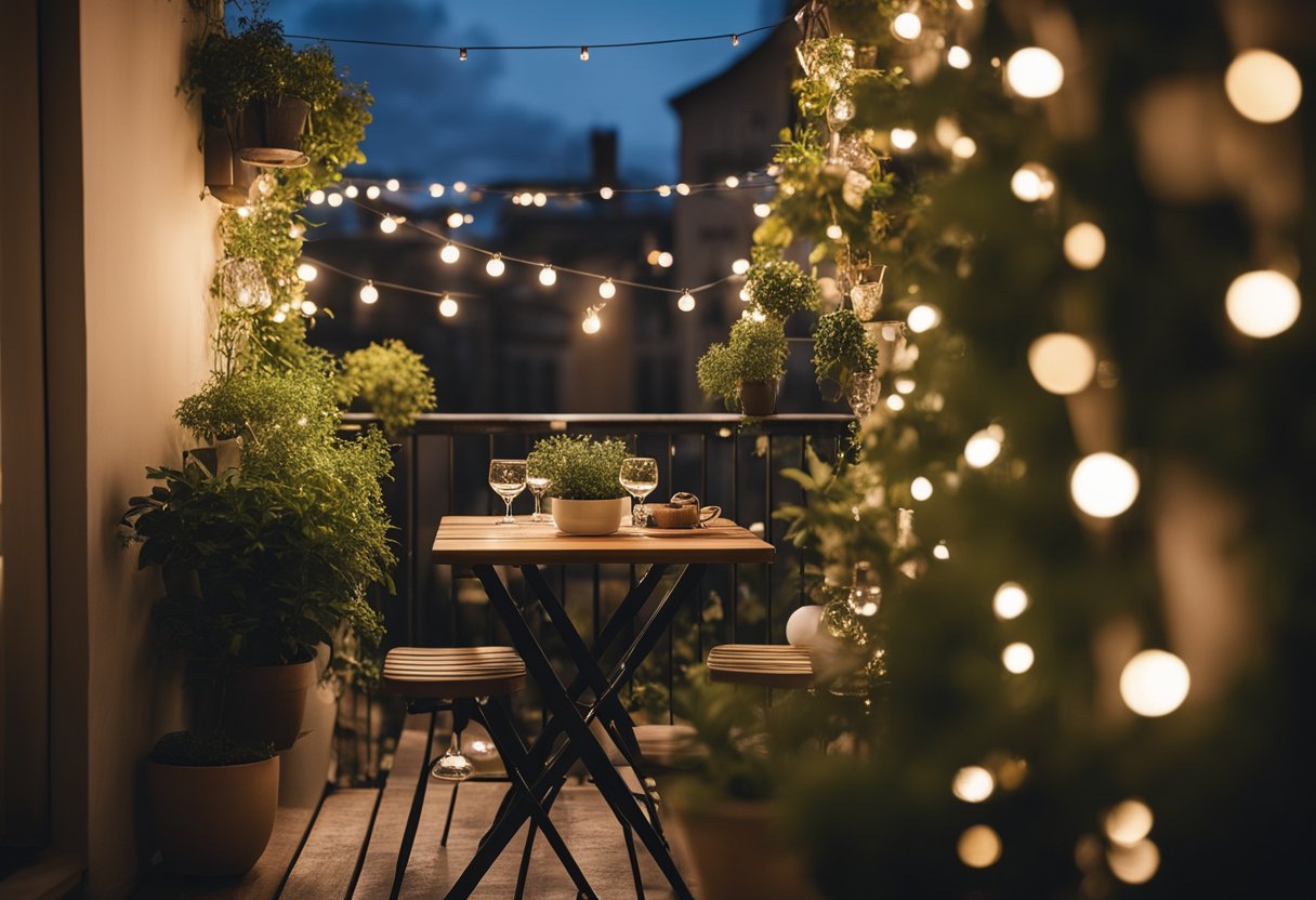 A cozy small balcony with potted plants, a bistro table, and twinkle lights