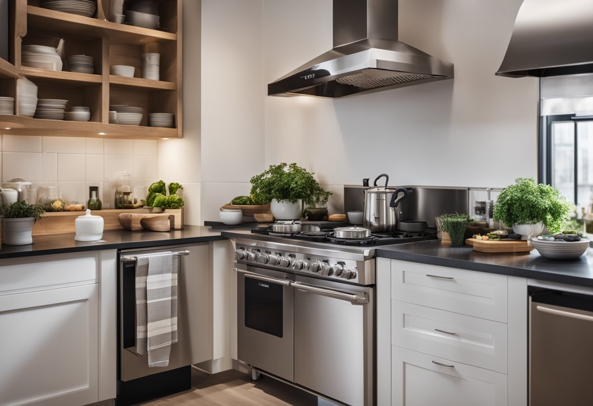 A spacious, well-organized kitchen with durable countertops, ample storage for pots and pans, and a large, powerful stove for heavy-duty cooking