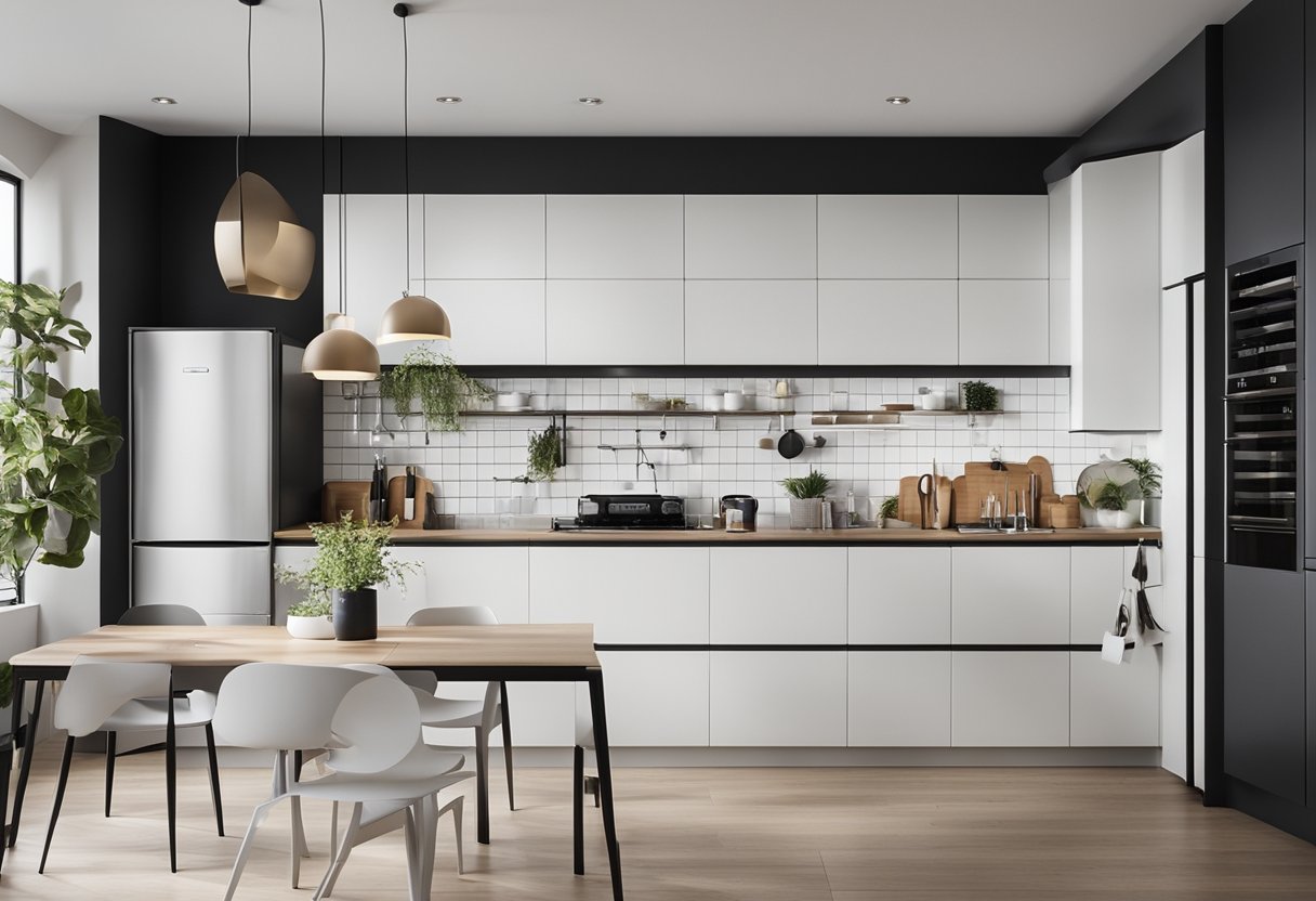 A modern kitchen with sleek, white cabinets neatly organized on the wall. The cabinets are labeled with bold, black text indicating "Frequently Asked Questions" for a clean and minimalist design