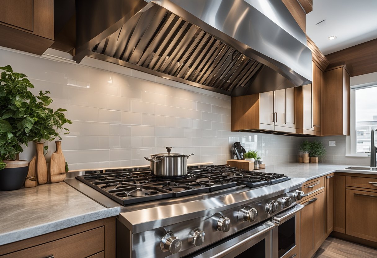 A spacious kitchen with durable countertops, ample storage, and industrial-grade appliances. A large range hood and ventilation system are prominently featured