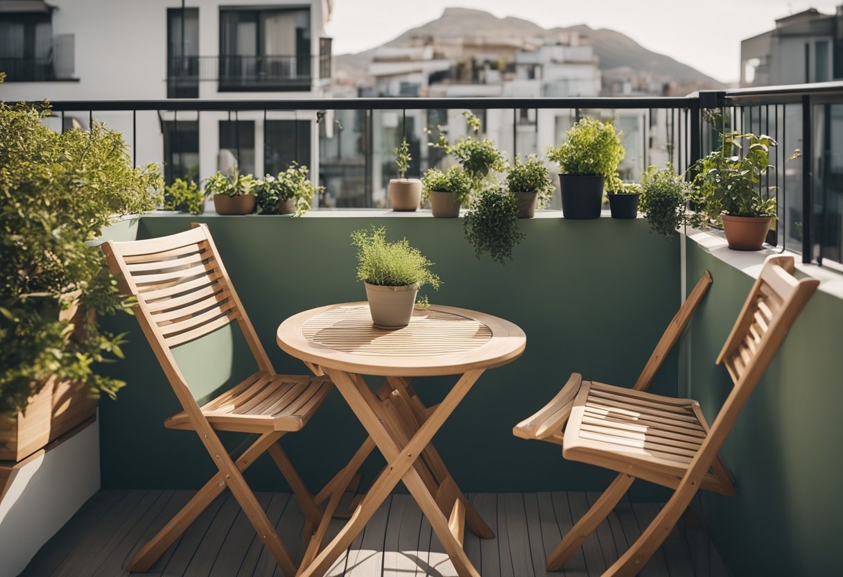 A small balcony with foldable furniture, hanging plants, and built-in storage, maximizing space and functionality