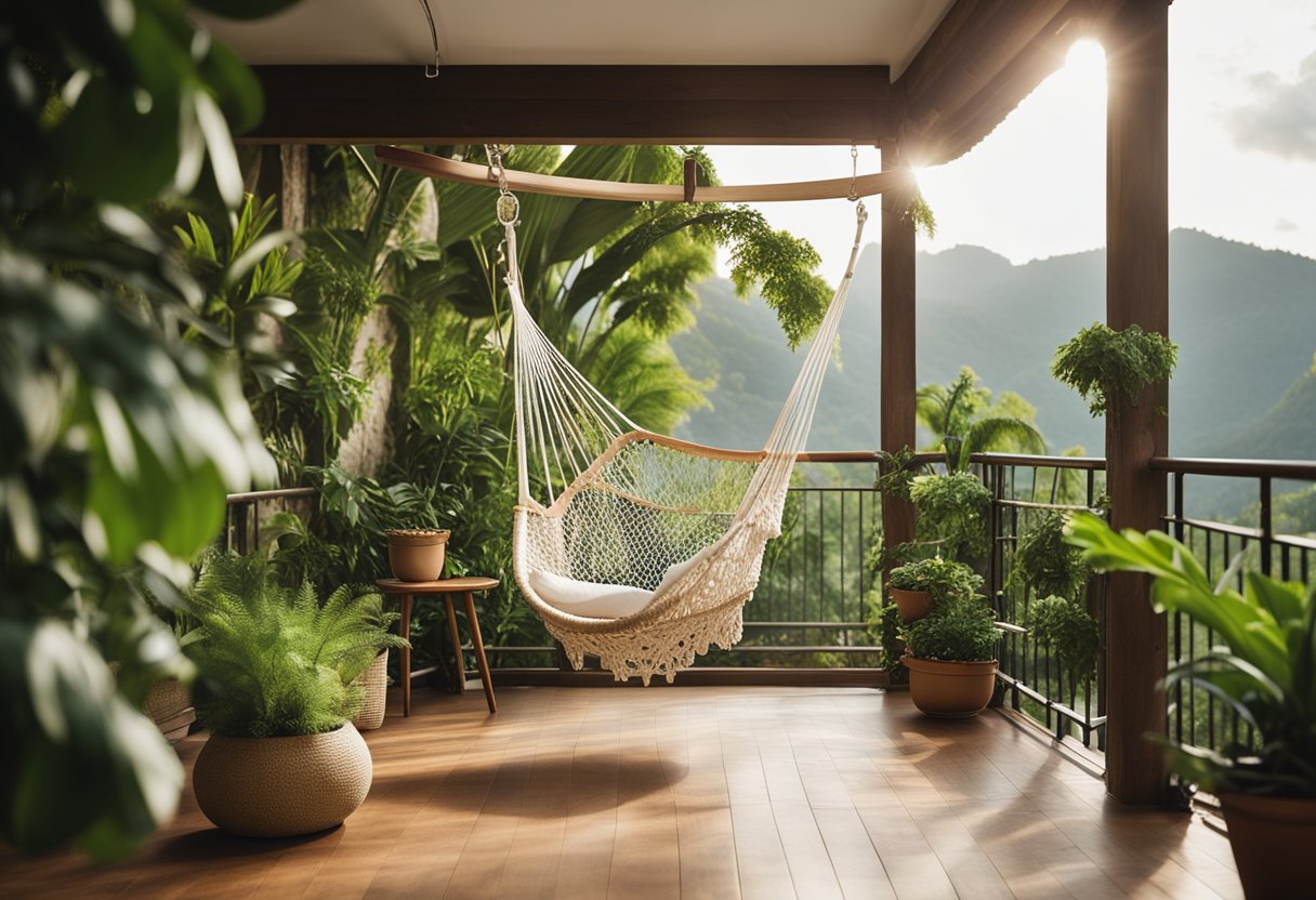 A cozy balcony with potted plants, wooden furniture, and a hanging hammock chair, surrounded by lush greenery and overlooking a serene natural landscape