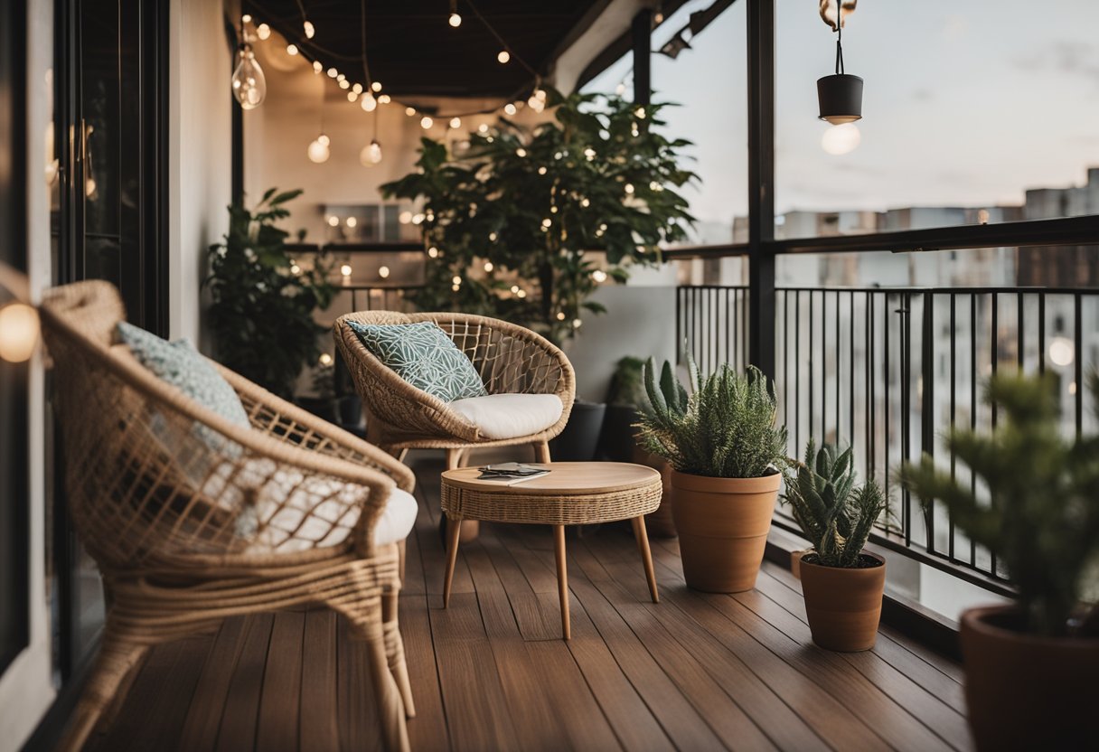 A cozy balcony with potted plants, comfortable seating, and a small table for drinks or books. The space is well-lit with string lights and offers a view of the surrounding area