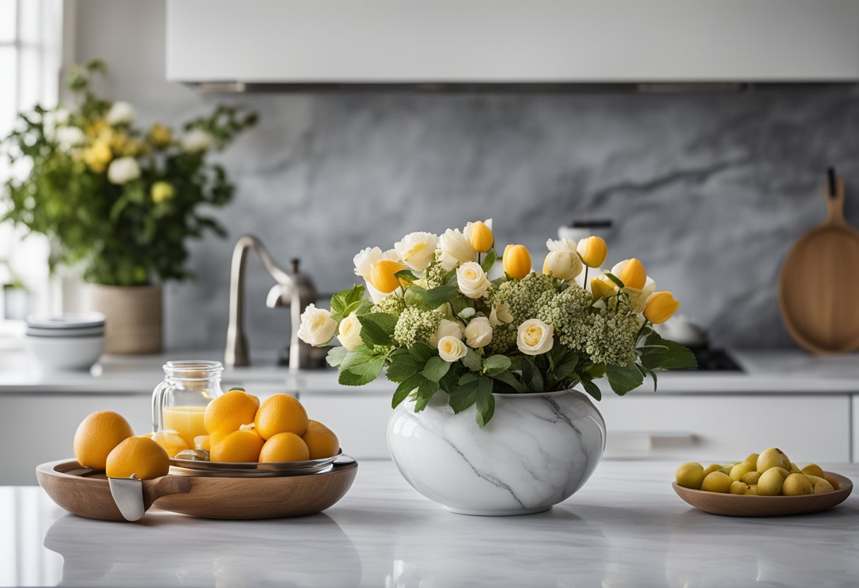 A sleek, marble kitchen counter with a built-in stovetop and stainless steel appliances. A vase of fresh flowers sits next to a bowl of ripe fruit