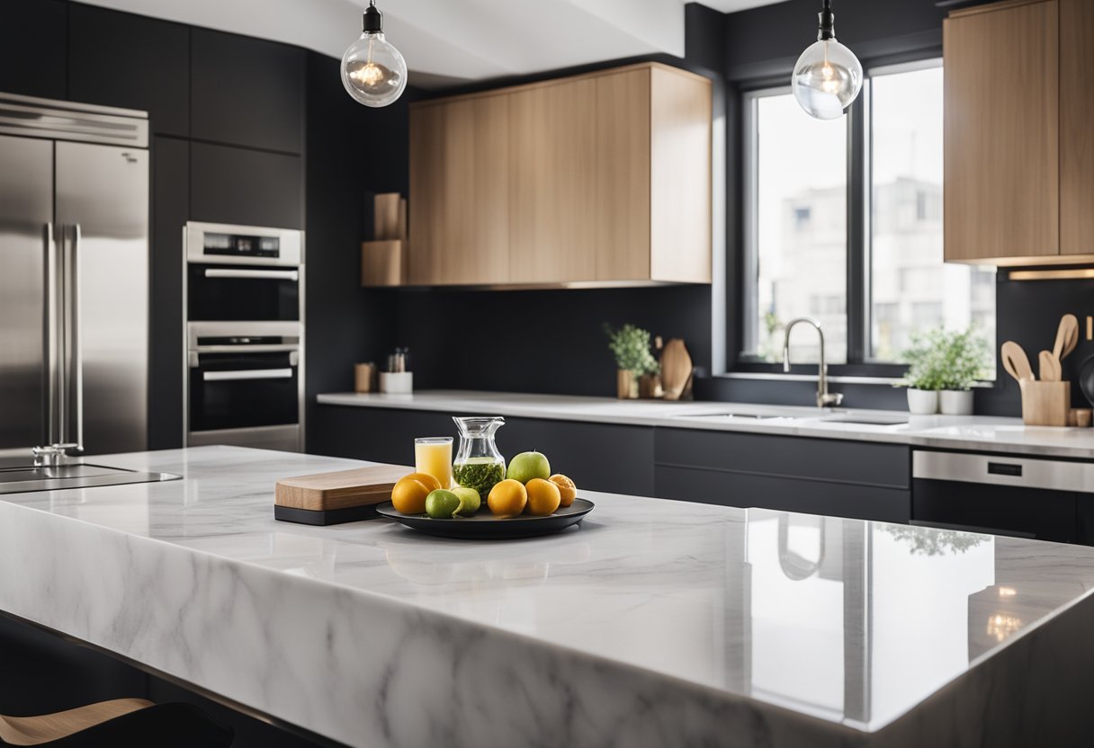A sleek, marble kitchen counter table with modern appliances and a minimalist design