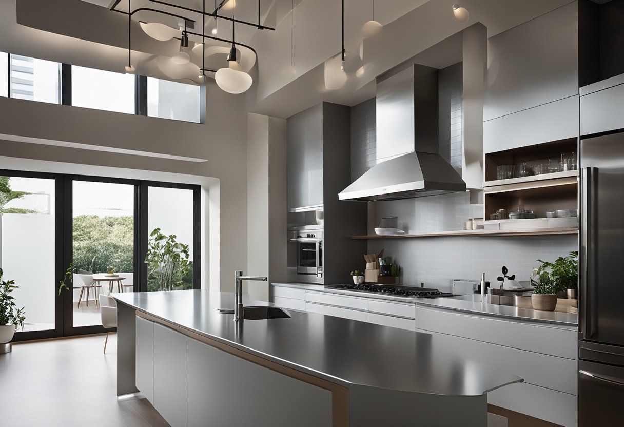 A modern, sleek kitchen with clean lines, stainless steel appliances, and minimalist design elements