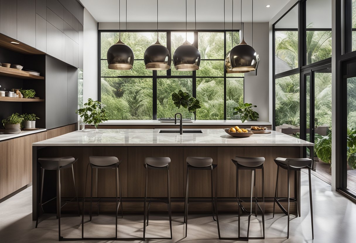A modern kitchen counter table with sleek, stainless steel appliances and a marble countertop, surrounded by hanging pendant lights and a window with a view of greenery