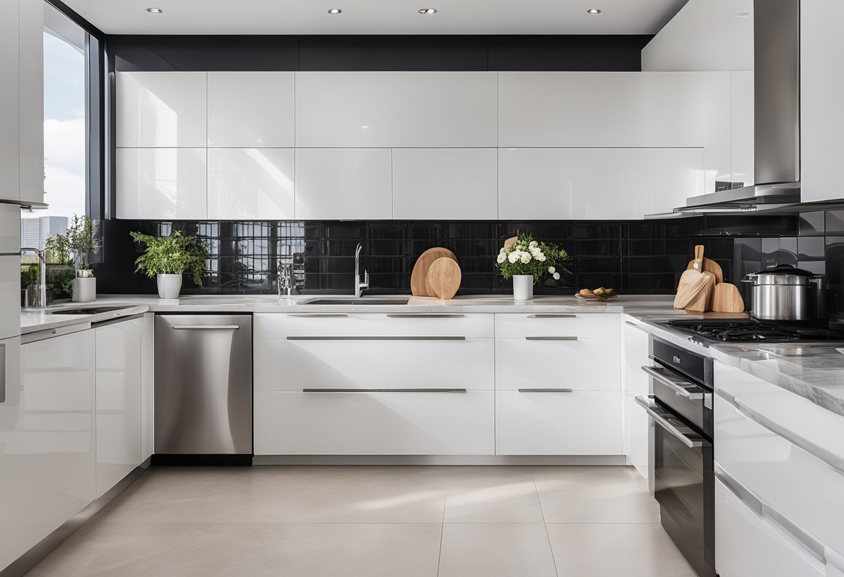 A modern kitchen with sleek stainless steel appliances, marble countertops, and glossy white cabinets. The floor is tiled with a neutral color and there is a large window letting in natural light