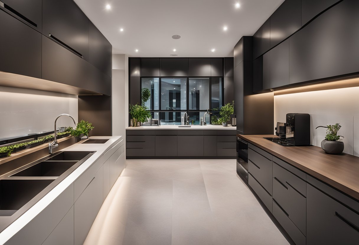 A spacious kitchen with a double sink, sleek countertops, and modern fixtures. The sink area is well-lit, with ample storage and a clean, minimalist design