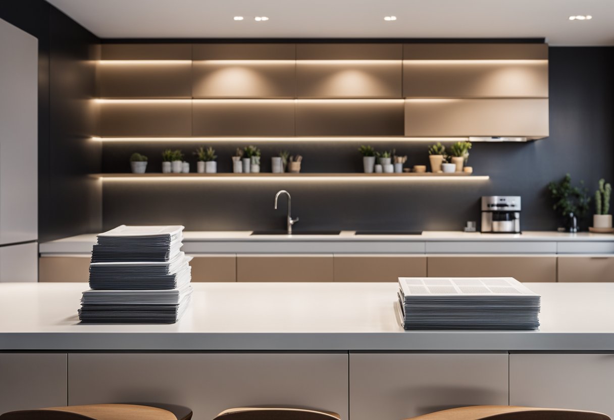 A sleek, modern kitchen counter table with clean lines and ample storage space. Bright lighting illuminates the surface, showcasing a stack of neatly organized Frequently Asked Questions pamphlets