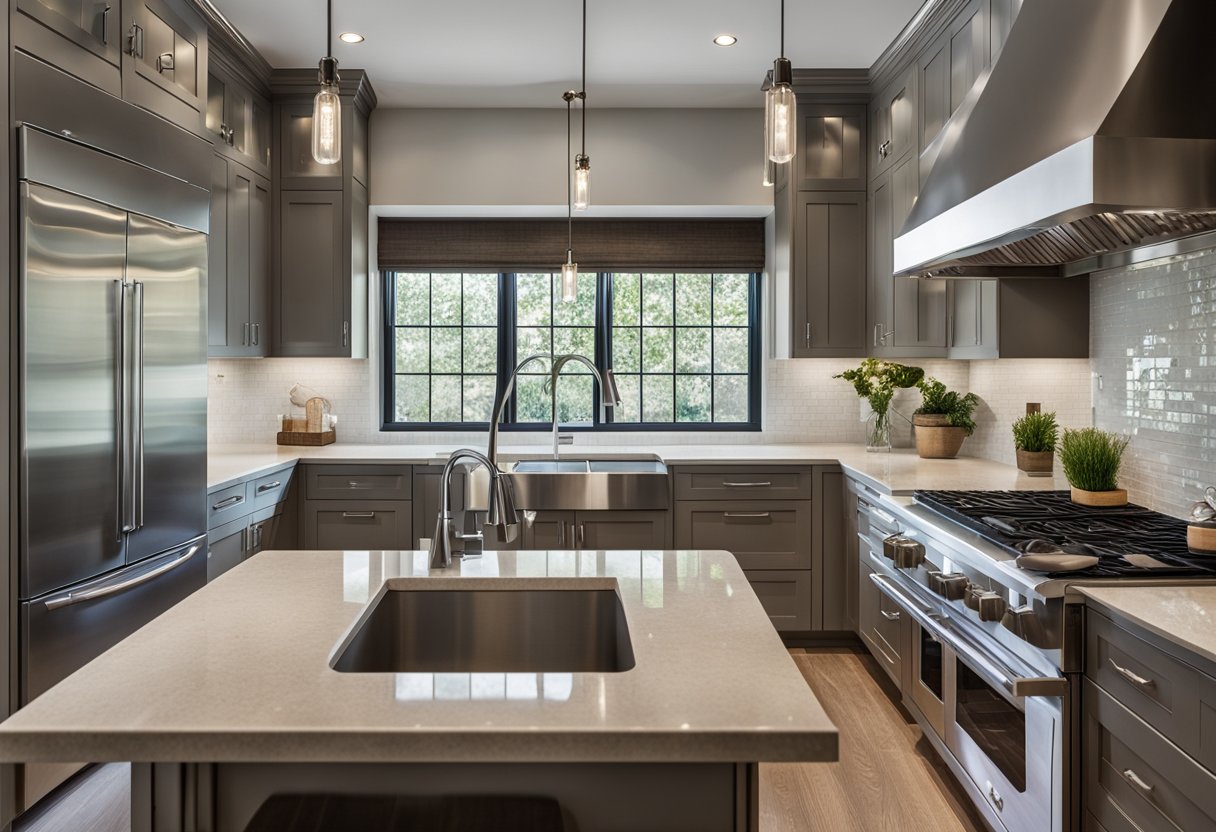 A double sink kitchen with stainless steel fixtures, granite countertops, and overhead pendant lighting. Cabinets line the walls, and a window above the sink provides natural light