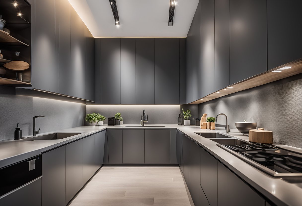 A modern kitchen with two identical sinks, surrounded by sleek countertops and cabinets. The room is well-lit, with a minimalist design and clean lines