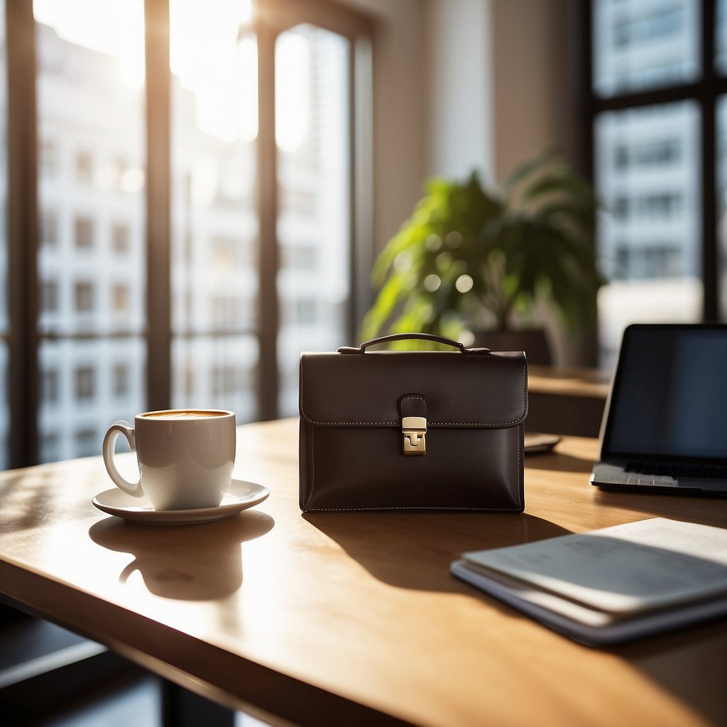 A briefcase, coffee mug, and planner sit on a clean desk. Sunlight streams through a window, casting a warm glow on the organized workspace