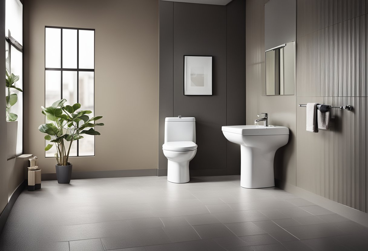 A simple toilet with basic fixtures and neutral colors. Compact and efficient design with budget-friendly materials
