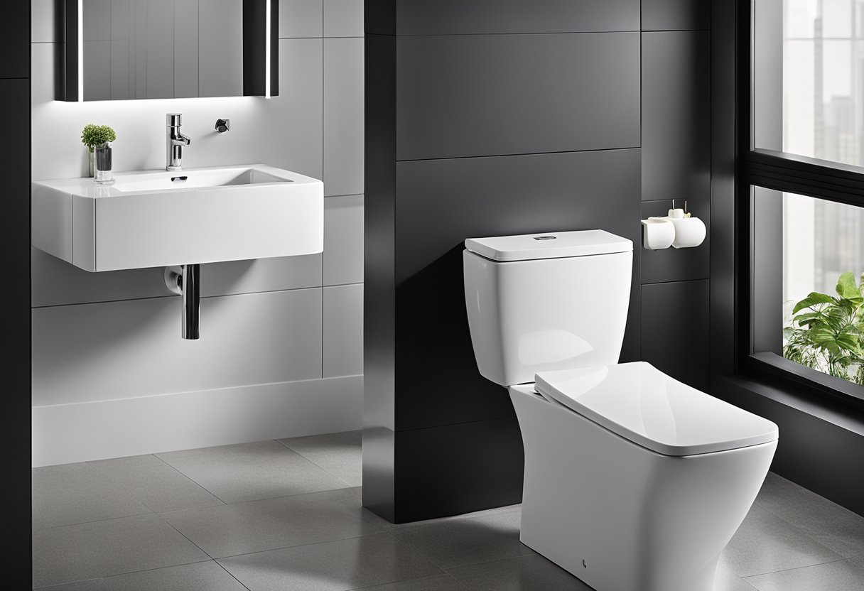 A sleek, modern toilet design is being executed with precision. Finishing touches add a touch of elegance to the budget-friendly fixture