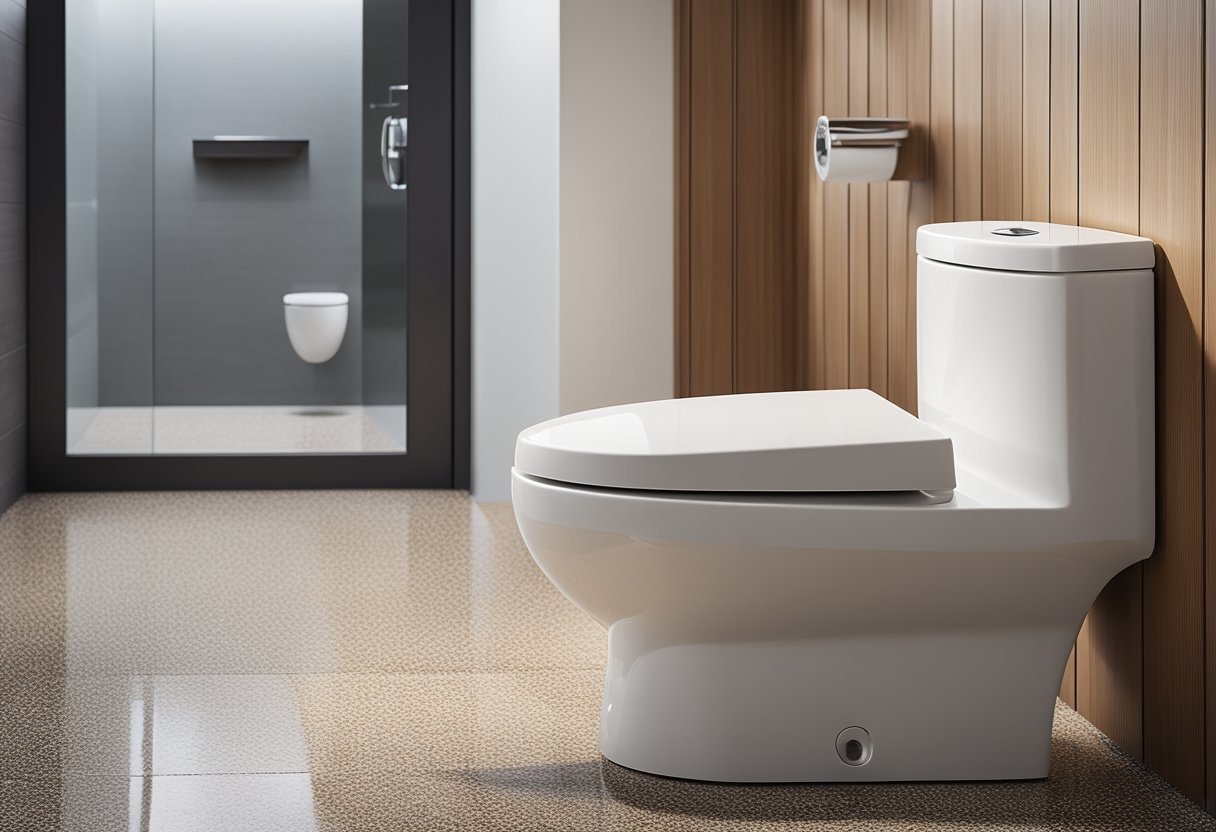 A modern, minimalist toilet design with budget-friendly features. Clean lines, simple shapes, and efficient use of space