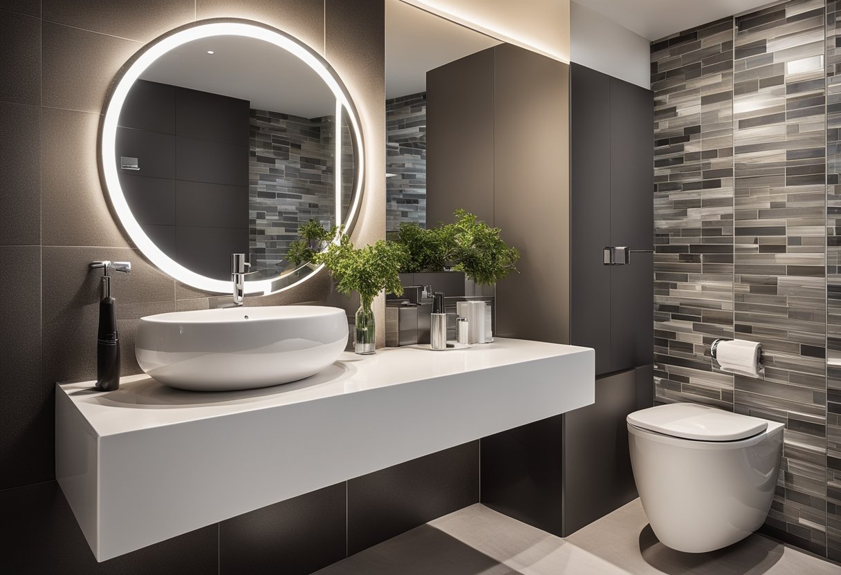A modern downstairs toilet with sleek tiles, a floating sink, and a minimalist toilet. A large mirror reflects the clean and contemporary design