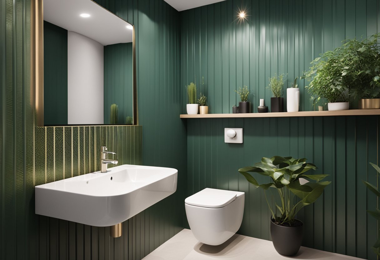 A modern downstairs toilet with sleek fixtures, geometric wallpaper, and a small potted plant on the sink