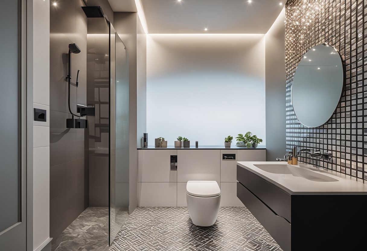 A modern and sleek downstairs toilet with a floating vanity, geometric tiles, and a space-saving toilet design