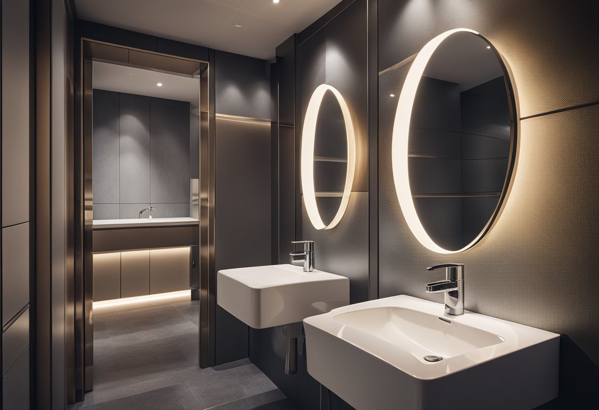A small, modern toilet with sleek fixtures and unique wallpaper. Bright lighting and a compact sink maximize the space