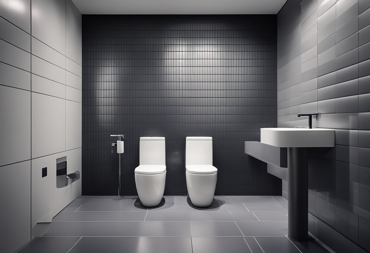 A sleek grey toilet sits against a white tiled wall, with modern design details and clean lines