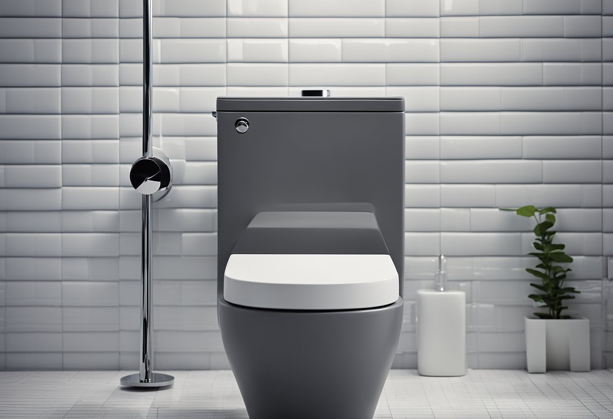 A sleek, modern grey toilet sits against a clean, white tiled wall, with minimalist design and chrome accents