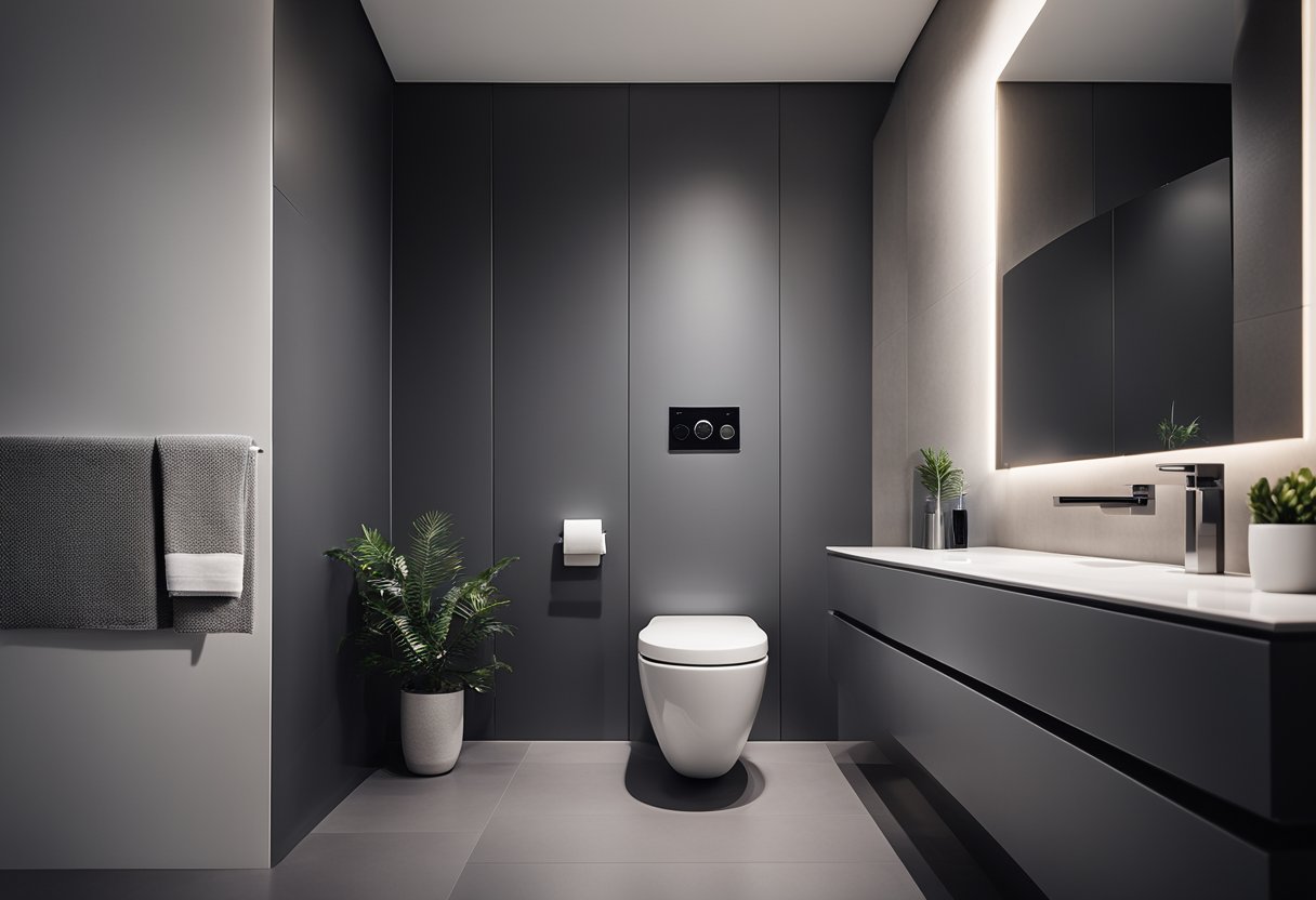 A sleek grey toilet sits in a modern bathroom with minimalist decor and soft lighting