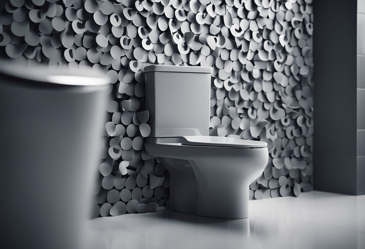 A sleek grey toilet surrounded by floating question marks