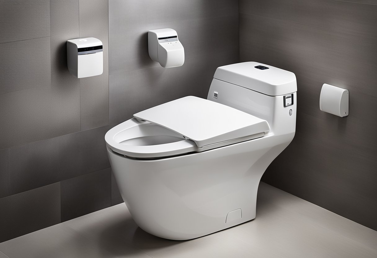 A modern Japanese toilet with electronic bidet, control panel, and heated seat. Traditional washlet features and sleek, minimalist design