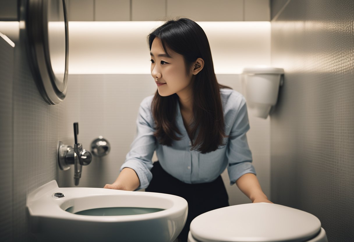 A user interacts with a Japanese toilet, adjusting settings and experiencing the seamless and intuitive design