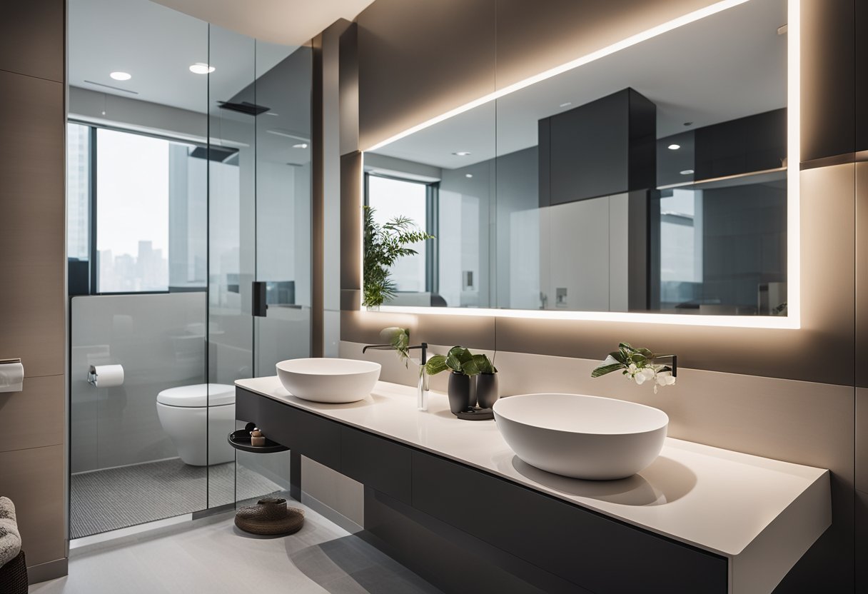 A modern condo toilet with sleek fixtures, clean lines, and a minimalist color palette. The design features a floating toilet, wall-mounted sink, and a large mirror