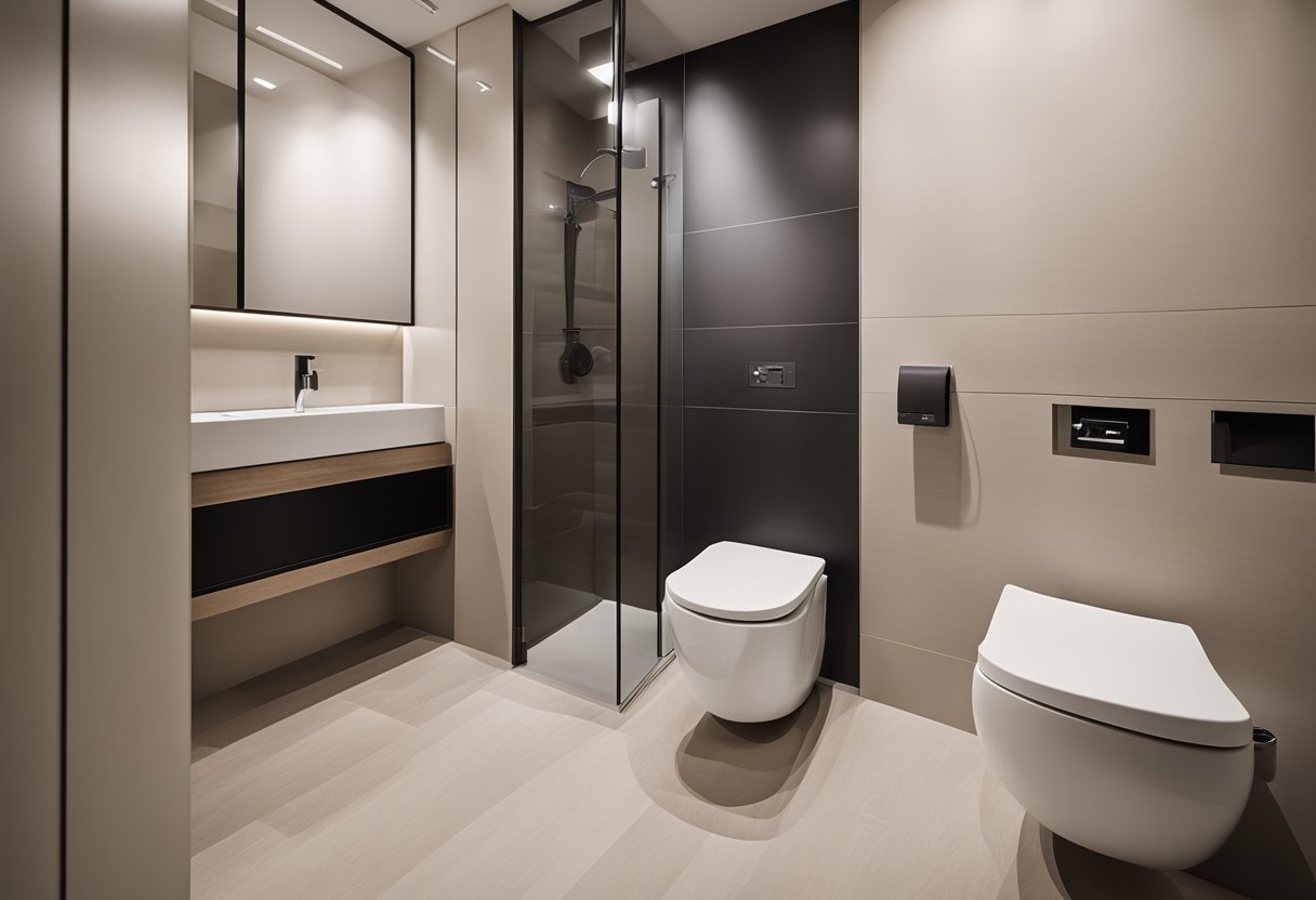 A modern, minimalist condo toilet with sleek fixtures, neutral color palette, and clean lines