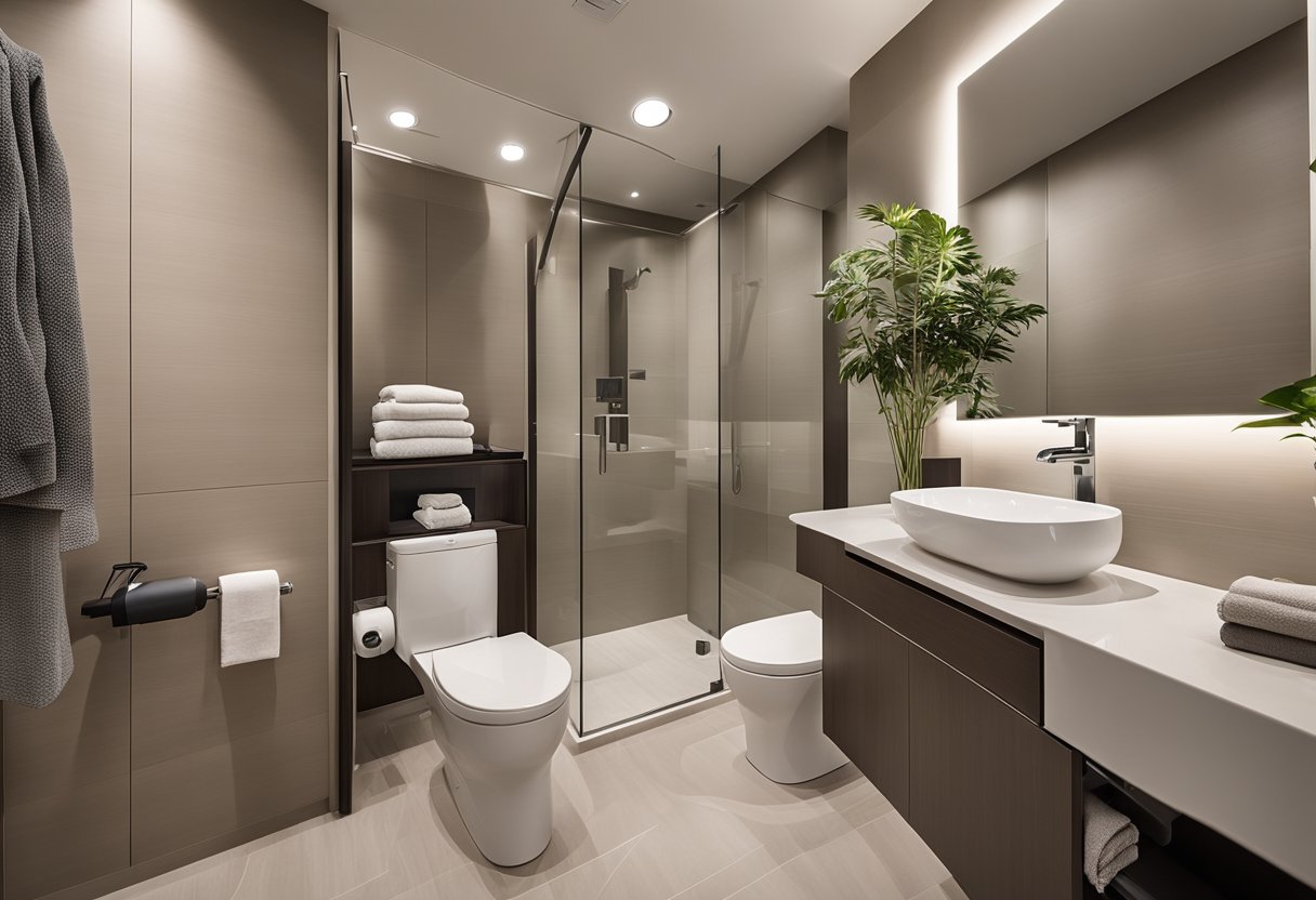 A spacious and modern condo toilet with sleek fixtures, neutral color palette, and ample storage options for a clean and functional design