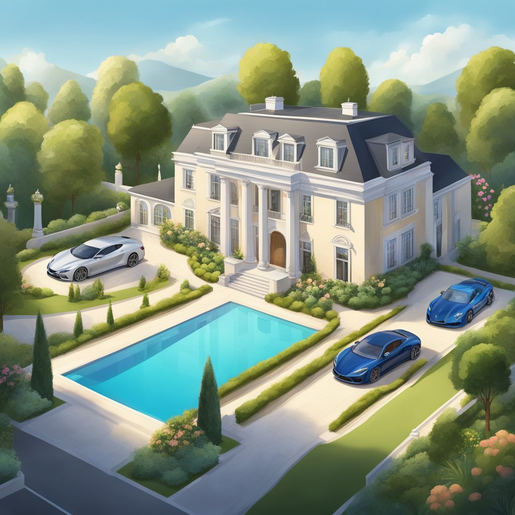 A luxurious mansion with a grand entrance and manicured gardens, surrounded by high-end cars and a prestigious neighborhood