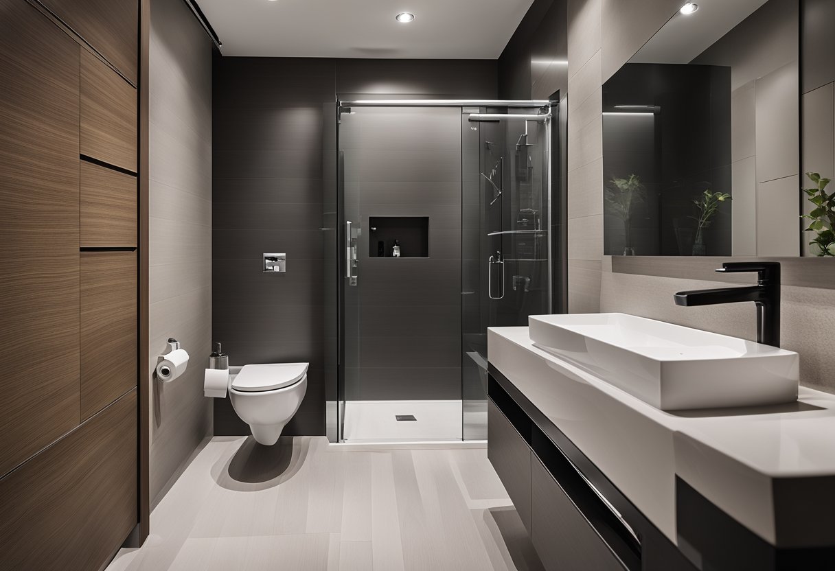 A modern condo toilet with clean lines, sleek fixtures, and a minimalist color palette. The design is functional and efficient, with a focus on maximizing space