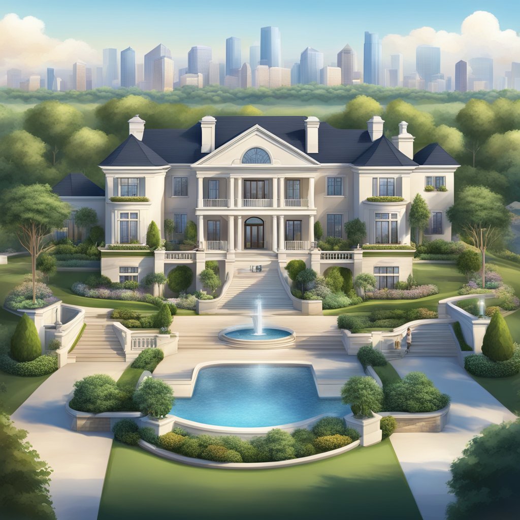 A luxurious mansion with a grand entrance, lush landscaping, and a picturesque view of the city skyline. A gated community with upscale amenities and exclusive access