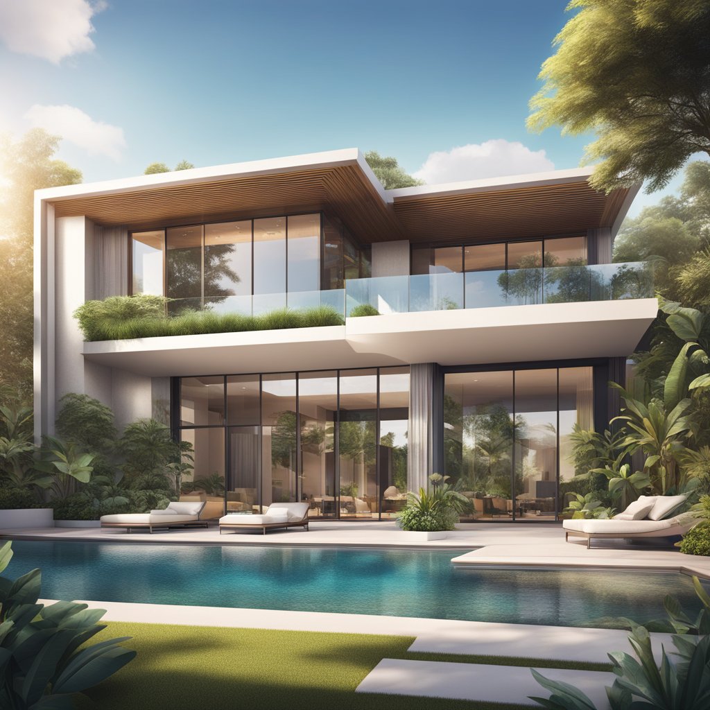 A luxurious mansion surrounded by lush greenery and a sparkling pool, with a sleek, modern interior showcasing high-end real estate features