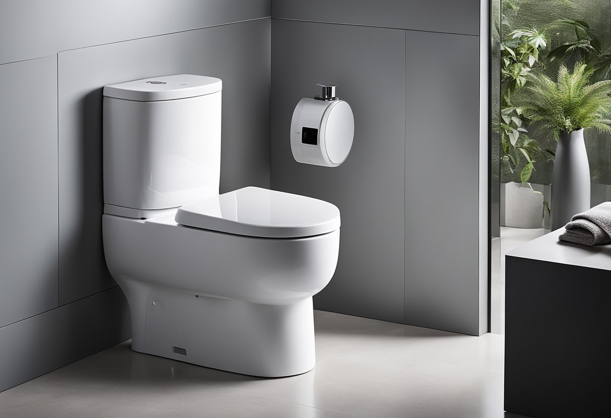 A sleek, low-profile toilet with a built-in bidet and control panel. Clean lines and modern materials give it a minimalist, contemporary look
