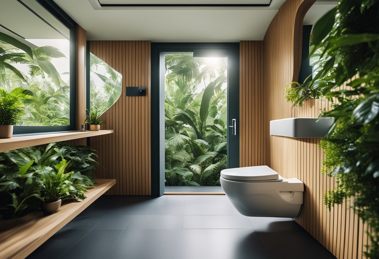 A modern squat toilet with eco-friendly materials and ergonomic design, surrounded by lush greenery and natural light