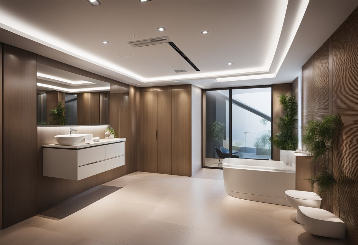 A sleek, modern false ceiling design with integrated lighting and ventilation for a stylish and functional toilet space
