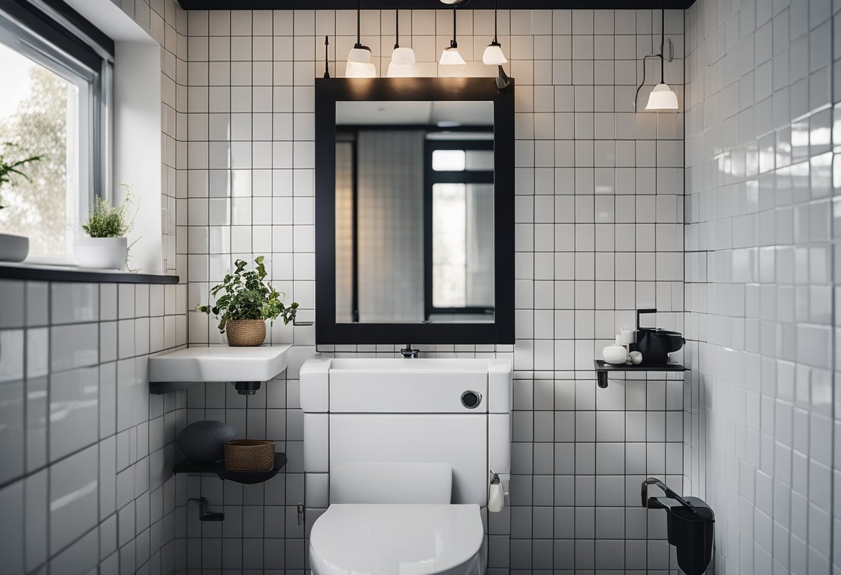 A toilet and sink sit against white tiled walls, with a mirror above the sink and a small window letting in natural light