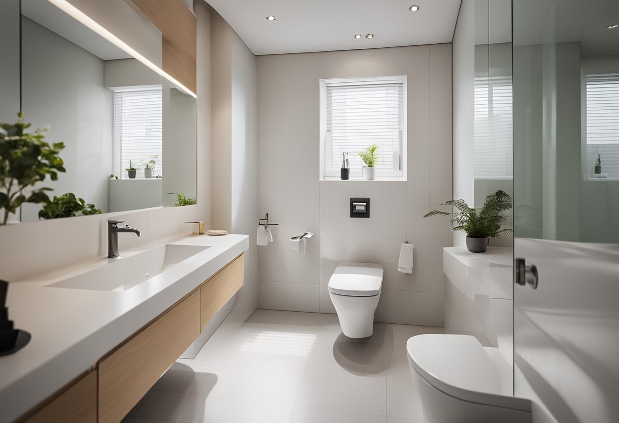 A small bathroom with a simple toilet, compact sink, and minimalistic design. White walls, light-colored tiles, and a small window for natural light