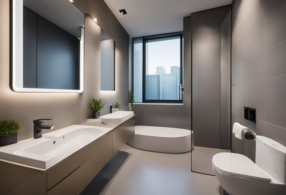 A toilet and bathroom with minimalistic design, featuring clean lines and simple fixtures