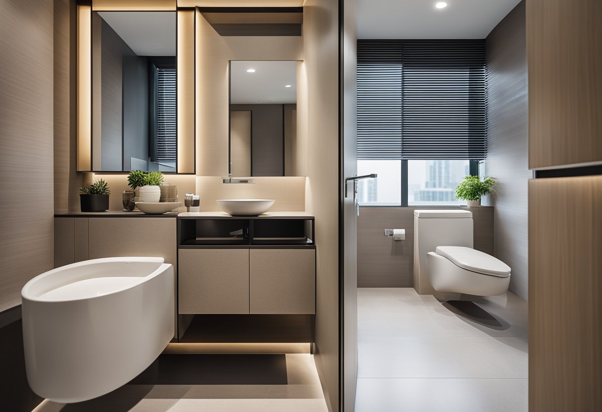 A modern HDB toilet with sleek fixtures, neutral color palette, and ample natural light