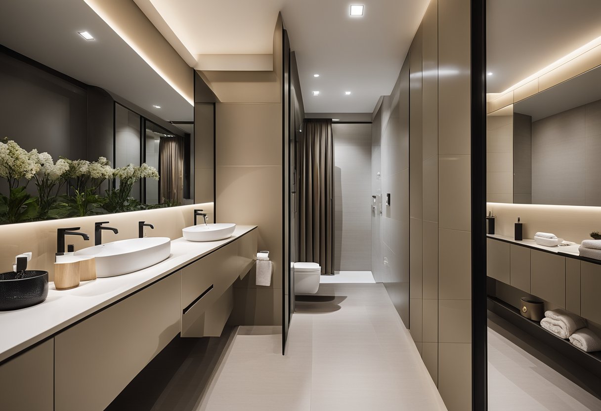 A modern HDB toilet with sleek fixtures and neutral colors. A large mirror reflects the clean lines and minimalist design