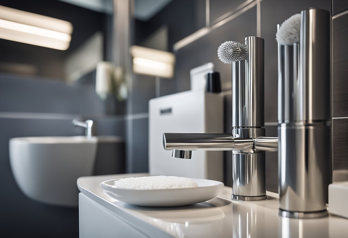 A modern toilet with sleek fixtures and clean lines. Accessories like a towel rack, soap dispenser, and toilet brush are neatly arranged. Materials include ceramic tiles, glass, and stainless steel