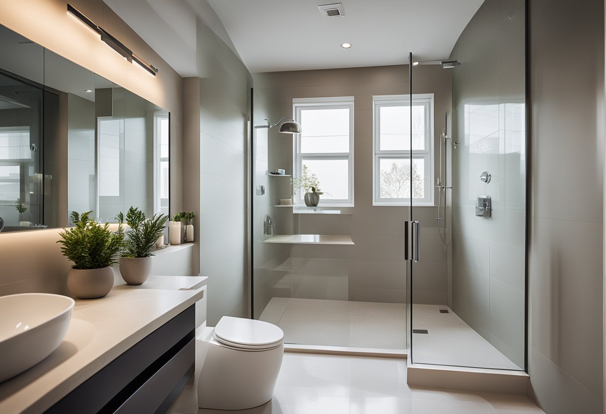 A modern toilet bathroom with sleek fixtures, neutral color palette, and natural lighting. Glass shower enclosure and freestanding bathtub add luxury