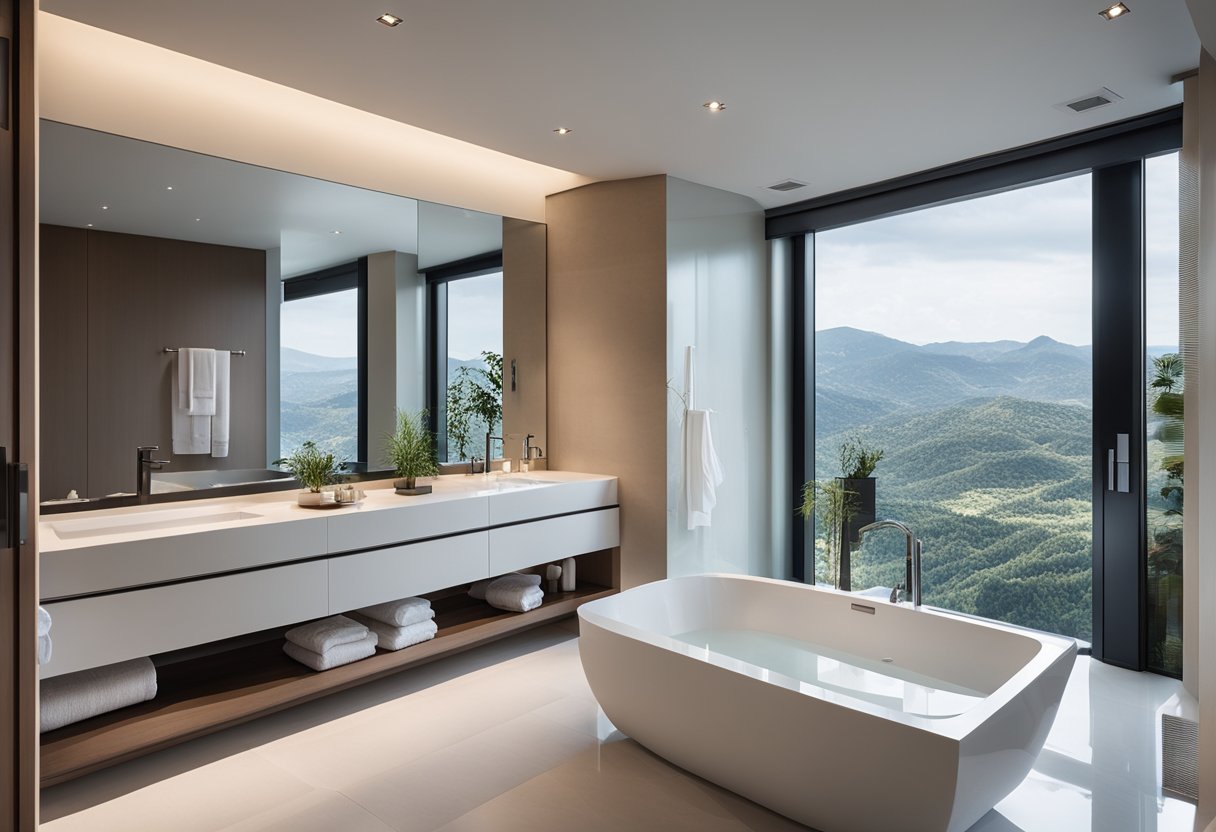 A modern, sleek toilet bathroom with a spacious shower, double sink vanity, and luxurious bathtub surrounded by large windows with a view
