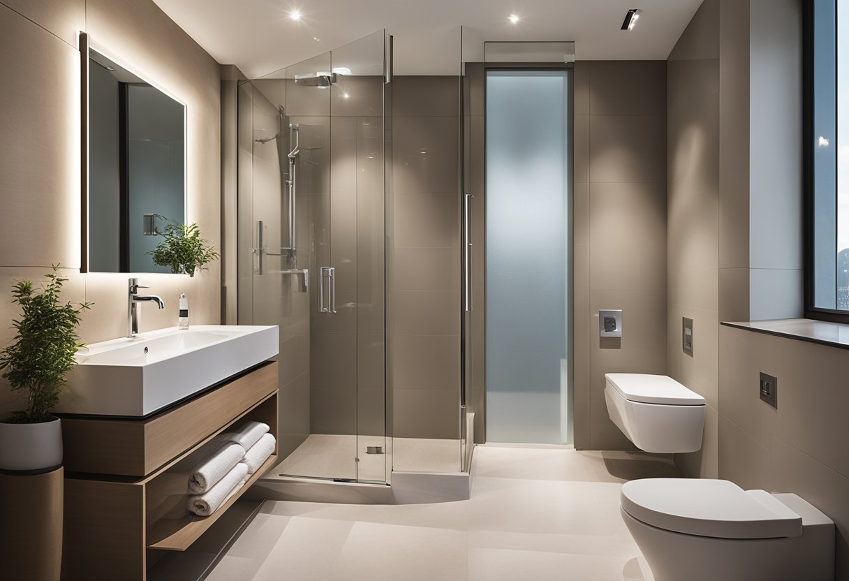 A modern toilet bathroom design with sleek fixtures and a glass-enclosed shower, featuring neutral color tones and ample natural lighting