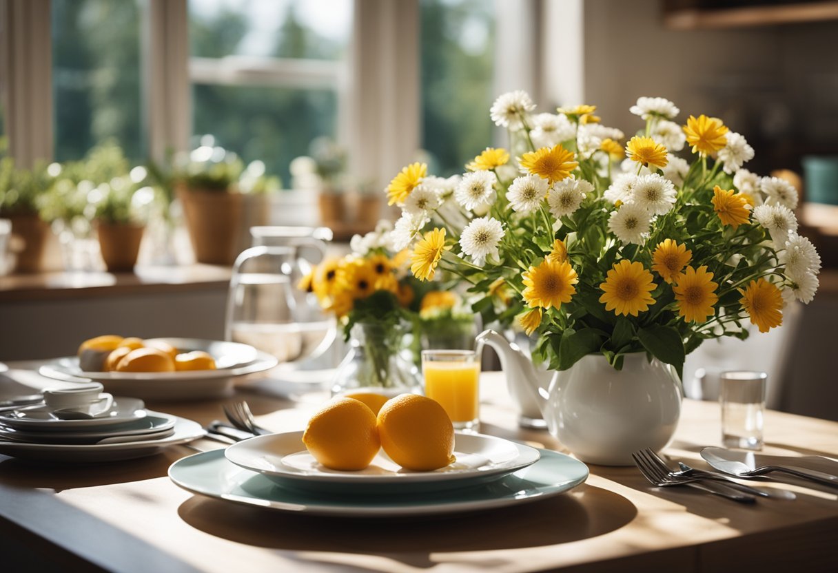 A breakfast table set with a vase of flowers, plates, and cutlery in a sunlit kitchen